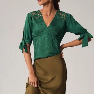 Anthropologie Tiny Ophelia Embroidered Top S Emerald Boho